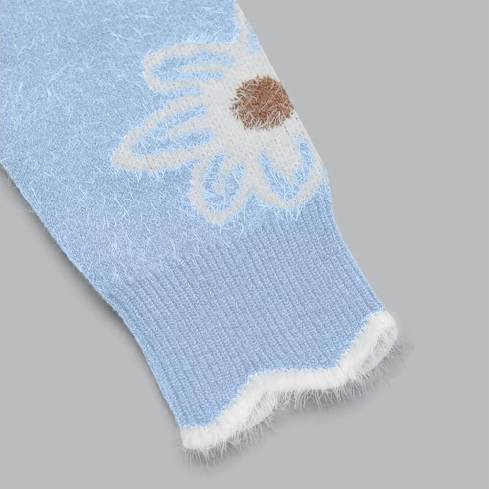 Light Blue Floral Fuzzy V-Neck Sweater - Picture 3 of 6